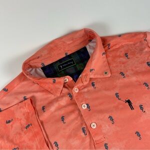 William Murray Golf Coral Polo with Navy Seahorse Print